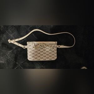 Michael Kors Beige MK Monogram Mini Belt Bag with Gold Chain Accent